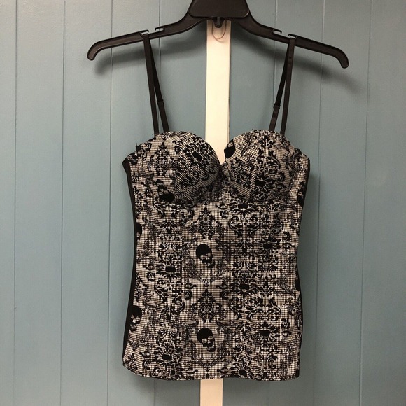 Spirit Sexy Size L Damask Skulls Flocked Bustier corset pinup Boudoir‎ Black - Picture 2 of 7